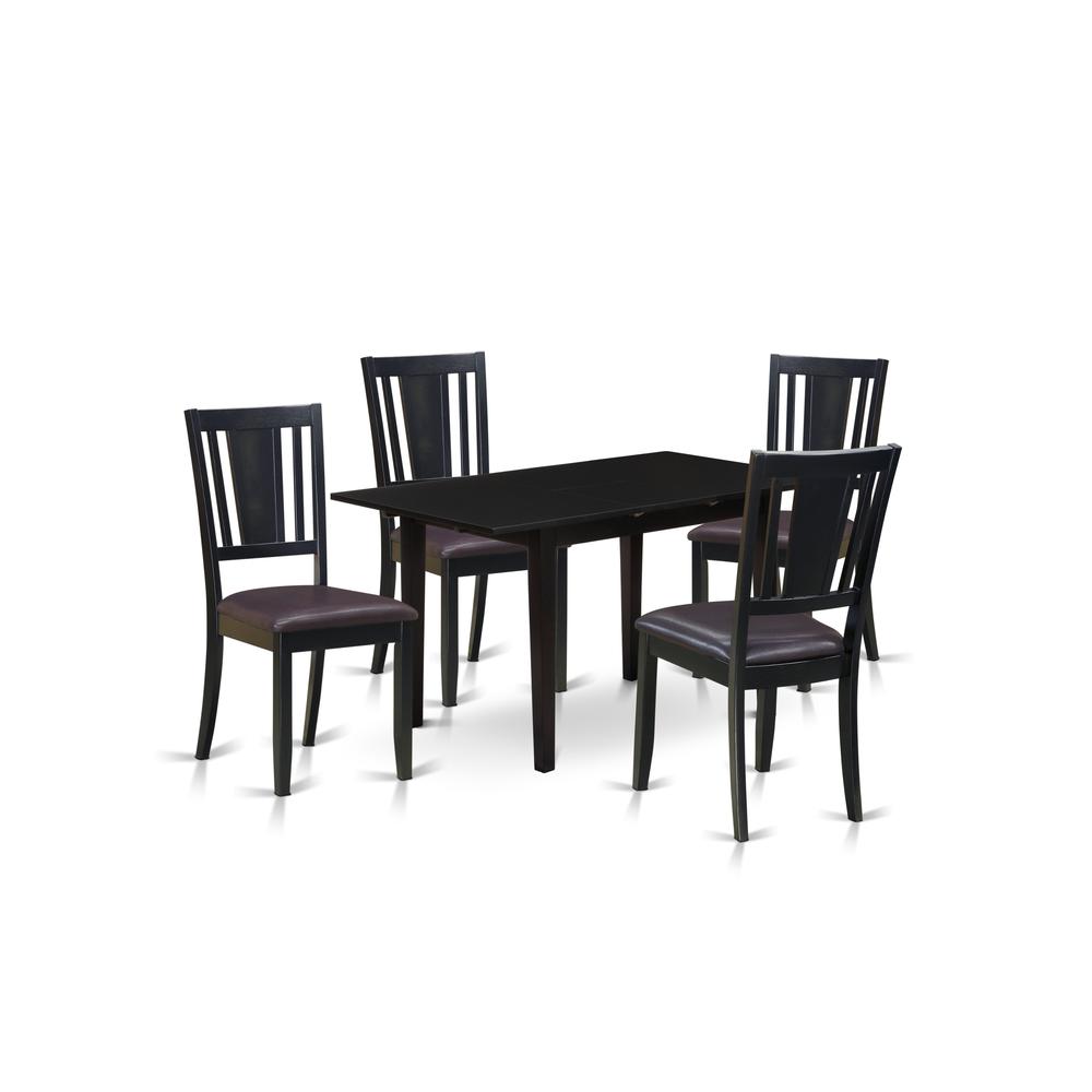 East West Furniture NODU5-BLK-LC 5-Pc Rectangular Dining Table Set 4 Dining Chairs with Panel Back and a Faux Leather Seat and Butterfly Leaf Dining Table with Rectangular Top and 4 Legs- Black Finish. Picture 2