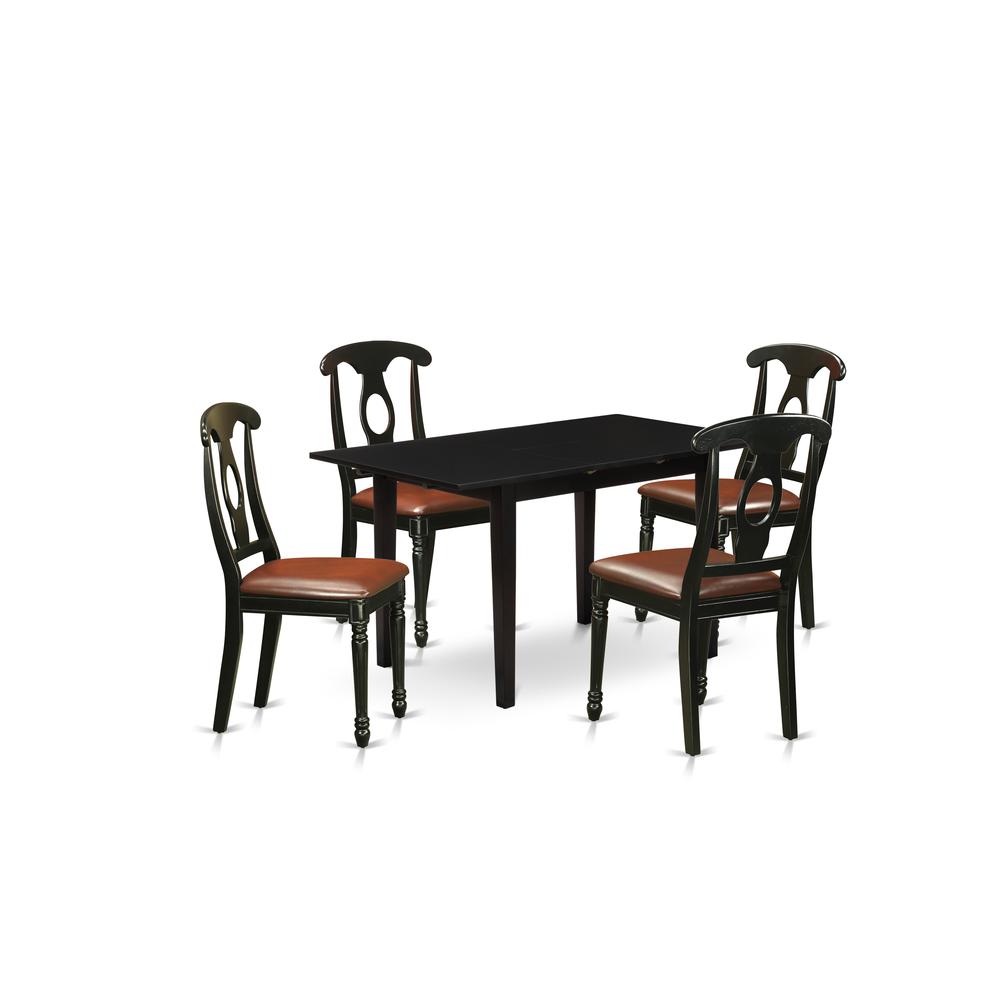 East West Furniture NOKE5-BLK-LC 5-Pc Dining Room Set 4 Dining Room Chairs with Napoleon Back and a Faux Leather Seat and Wooden Dining Table with Butterfly Leaf Rectangular Top and 4 Legs- Black Fini. Picture 2