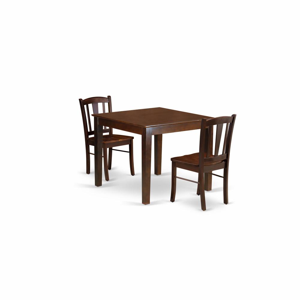 OXDL3-MAH-W - 3-Pc Dining Room Table Set- 2 Wooden Chair and Kitchen Dining Table - Wooden Seat and Slatted Chair Back - Mahogany Finish. Picture 2