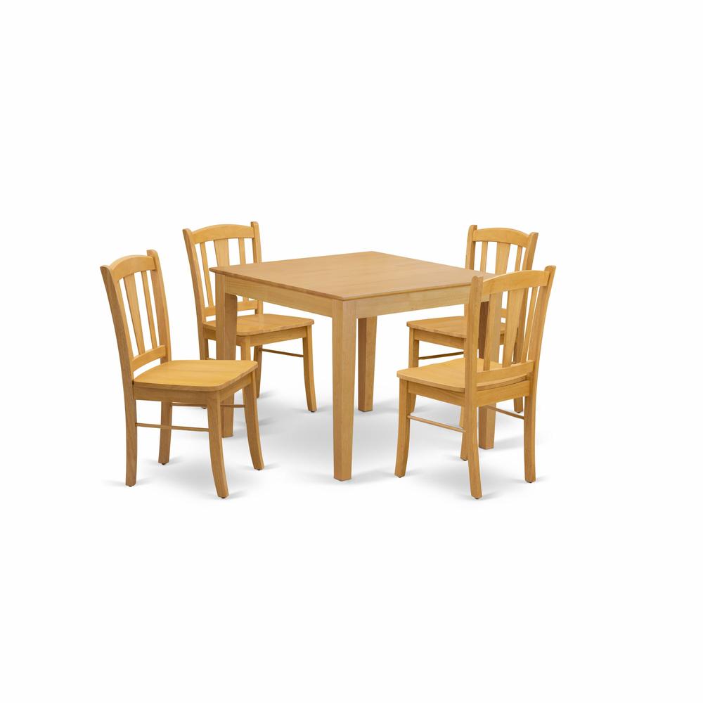 OXDL5-OAK-W - 5-Piece Dining Room Table Set- 4 Wooden Chair and Wood Dining Table - Wooden Seat and Slatted Chair Back - Oak Finish. Picture 2