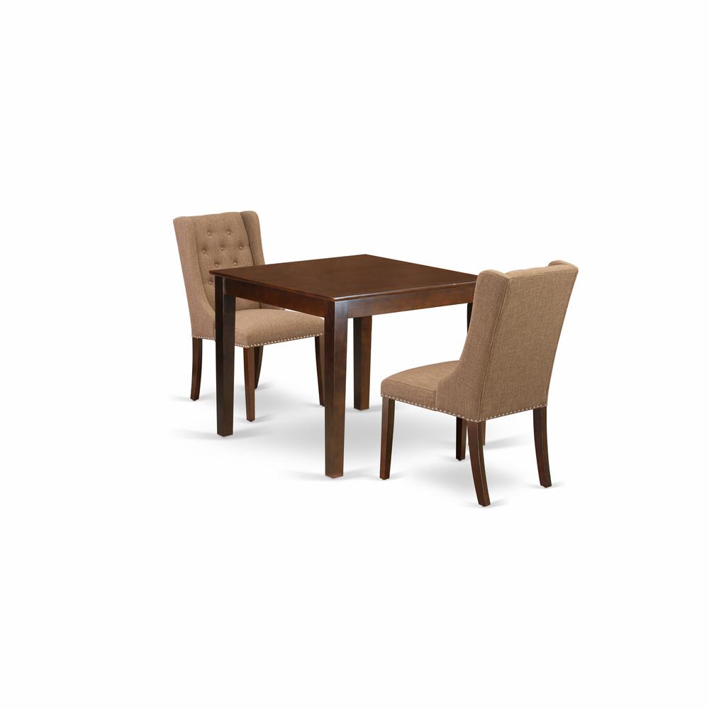East West Furniture OXFO3-MAH-47 3-Pc Dinette Room Set Includes 1 Modern Kitchen Table and 2 Light Sable Linen Fabric Upholstered Dining Chairs with Button Tufted Back - Mahogany Finish. Picture 1