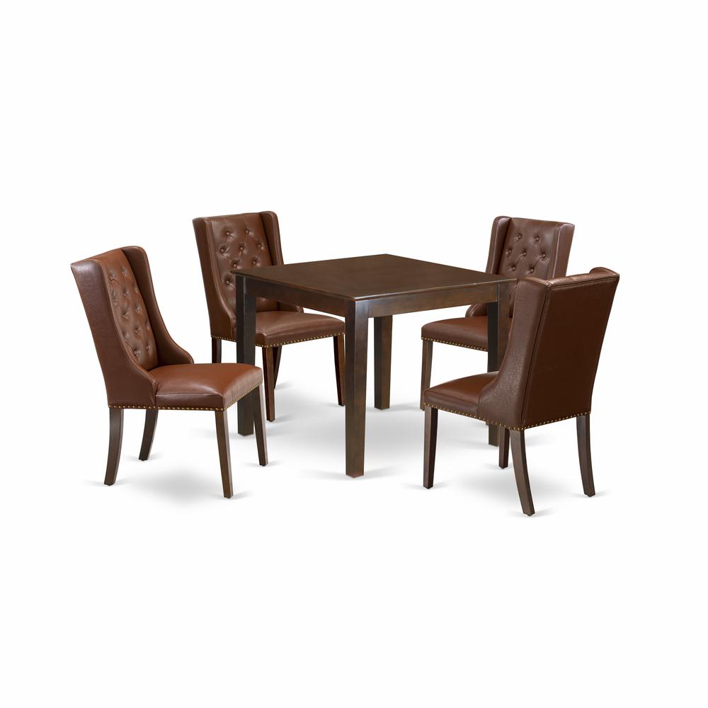 East West Furniture OXFO5-MAH-46 5-Piece Kitchen Room Table Set Includes 1 Dining Table with Square Table top and 4 Brown Linen Fabric Dining Chairs Button Tufted - Mahogany Finish. Picture 1