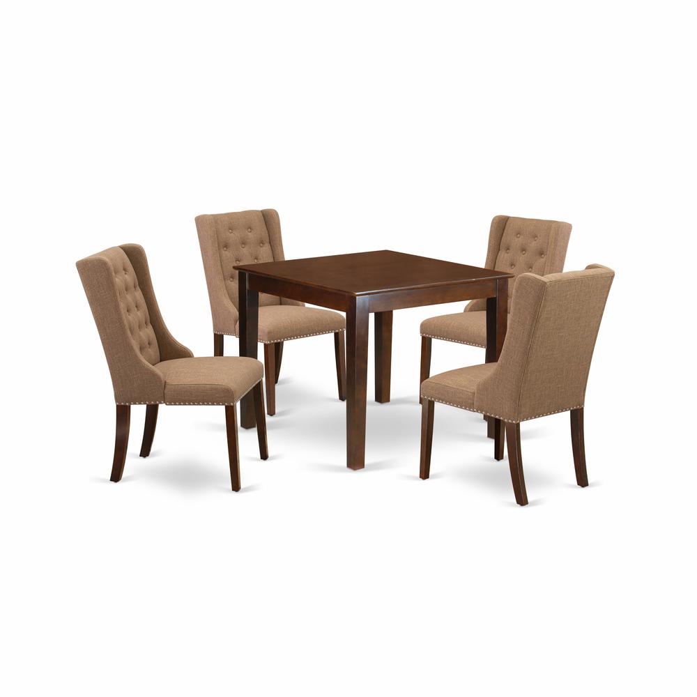 East West Furniture OXFO5-MAH-47 5-Pc Dining Room Table Set Includes 1 Dining Table with Square Table top and 4 Light Sable Linen Fabric Kitchen Chairs Button Tufted Back - Mahogany Finish. Picture 1