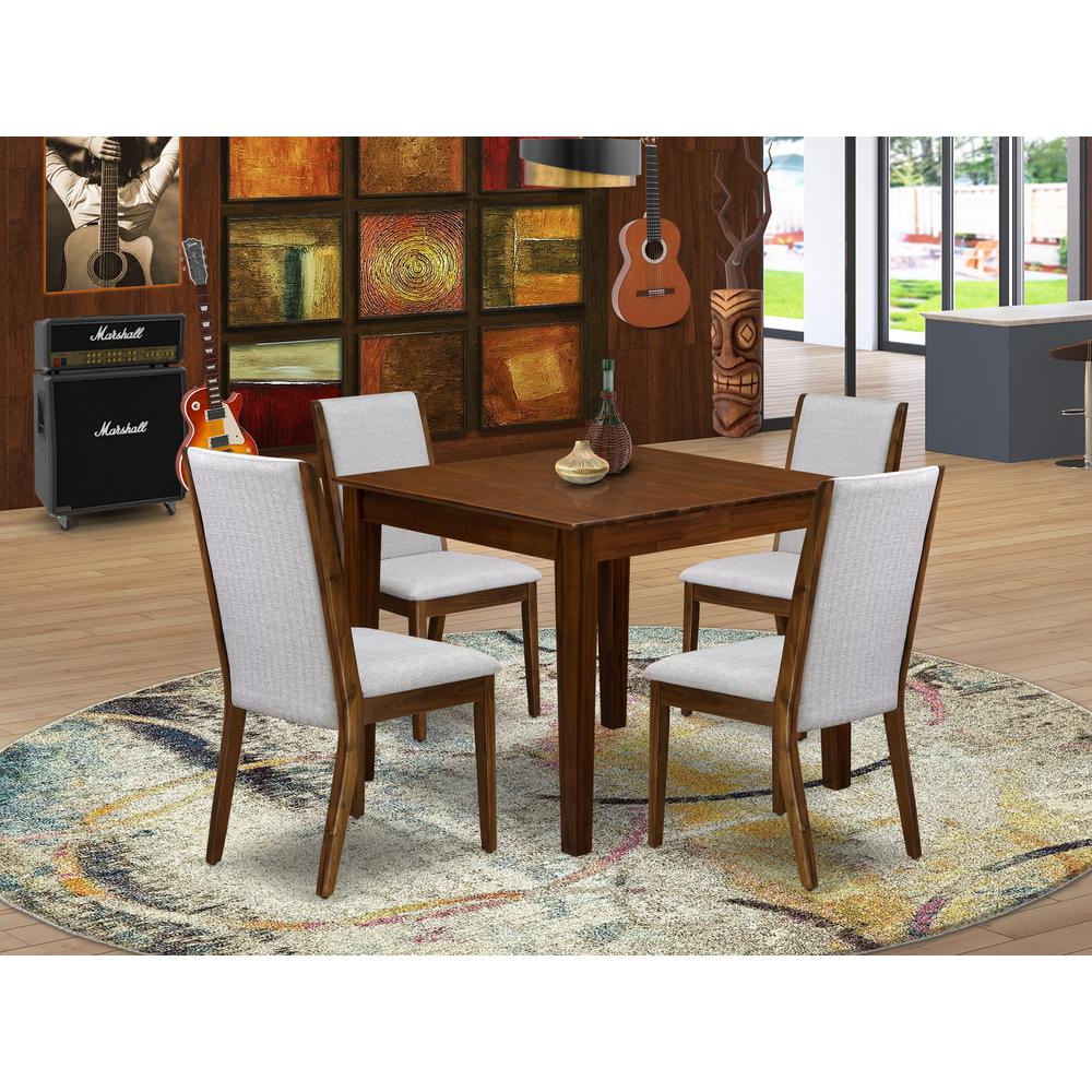 5 Pc Dining Set Includes a Square Table and 4 Parson Chairs, Antique Walnut. Picture 7