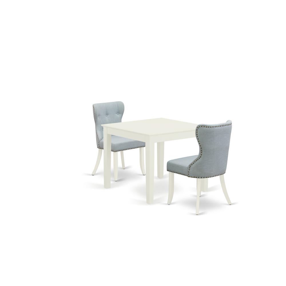 East-West Furniture OXSI3-LWH-15 - A dining room table set of 2 great dining room chairs with Linen Fabric Baby Blue color and a gorgeous wood table with Linen White color. Picture 1