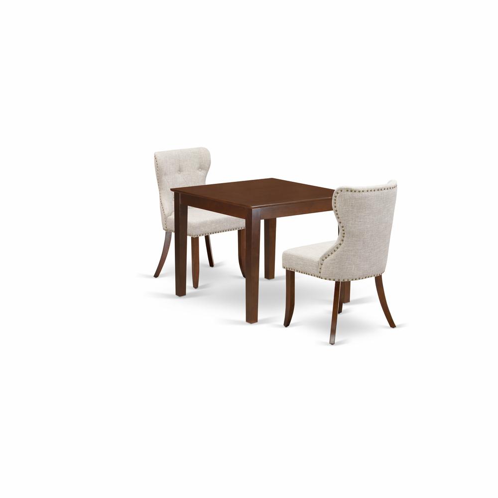 East-West Furniture OXSI3-MAH-35 - A dining room table set of 2 excellent kitchen dining chairs with Linen Fabric Doeskin color and a beautiful wood kitchen table in Mahogany Finish. Picture 1