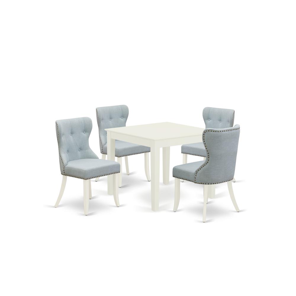 East-West Furniture OXSI5-LWH-15 - A kitchen table set of 4 wonderful dining chairs with Linen Fabric Baby Blue color and a stunning Square kitchen table with Linen White color. Picture 1