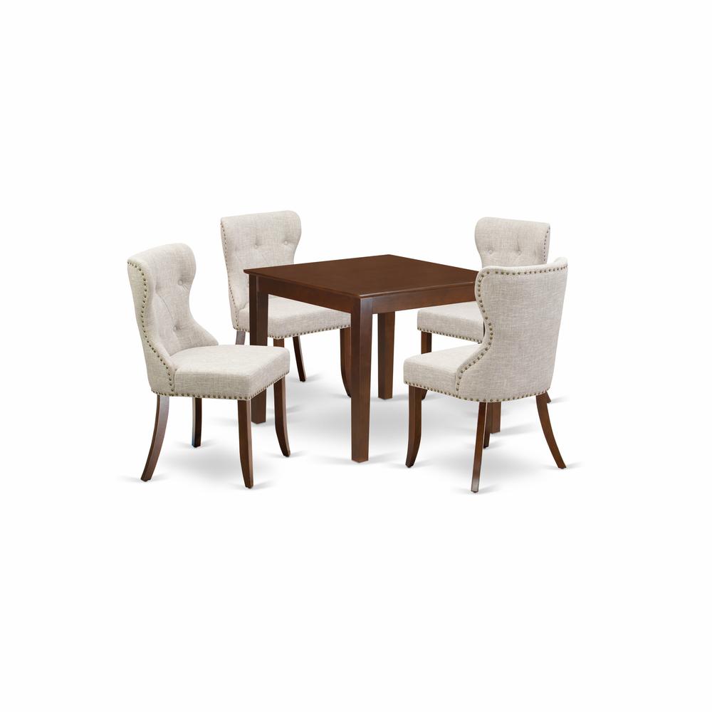 East-West Furniture OXSI5-MAH-35 - A kitchen table set of 4 wonderful indoor dining chairs using Linen Fabric Doeskin color and a gorgeous Square kitchen table with Mahogany Finish. Picture 1