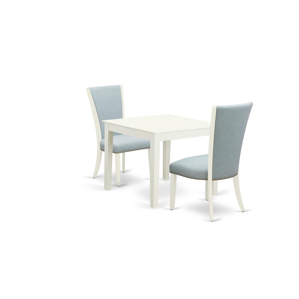 East-West Furniture OXVE3-LWH-15 - A modern dining table set of 2 excellent indoor dining chairs with Linen Fabric Baby Blue color and a gorgeous Square wooden table with Linen White color. Picture 1