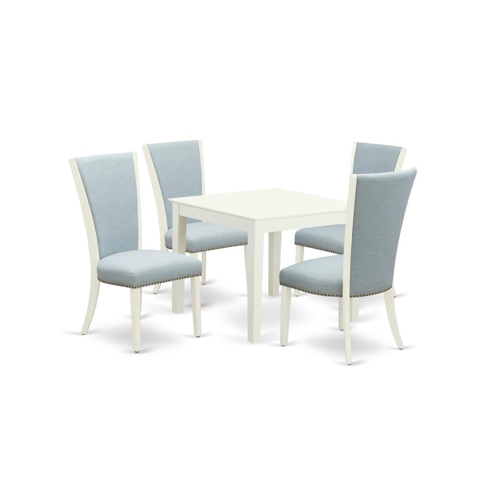 East-West Furniture OXVE5-LWH-15 - A dining table set of 4 fantastic dining room chairs with Linen Fabric Baby Blue color and a lovely Square dining room table with Linen White color. Picture 1