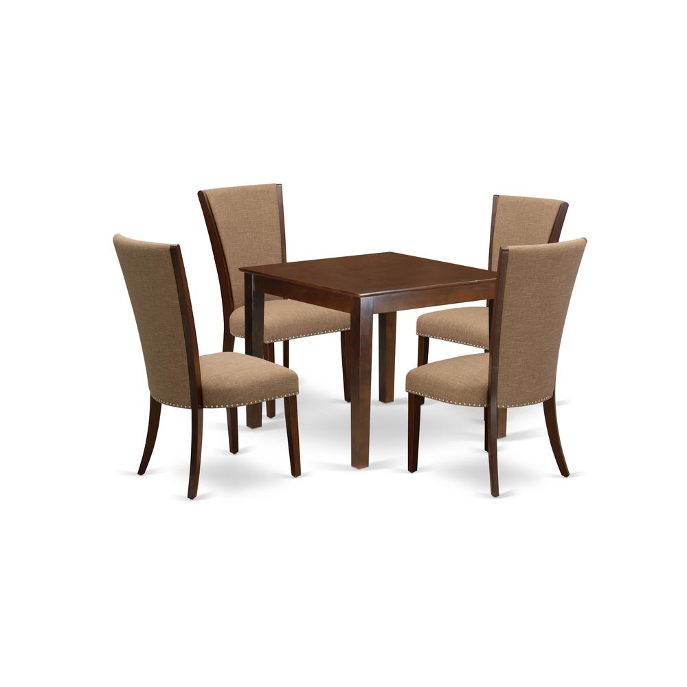 East-West Furniture OXVE5-MAH-47 - A modern dining table set of 4 wonderful kitchen dining chairs with Linen Fabric Light Sable color and a lovely dinner table with Mahogany Finish. Picture 1