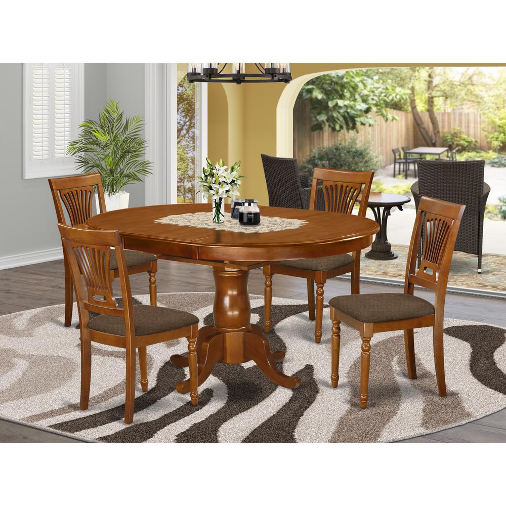 POPL5-SBR-C 5 Pc set Portland Dining Table having 18" Leaf and 4 Cushiad Kitchen Chairs in Saddle Brown. Picture 2