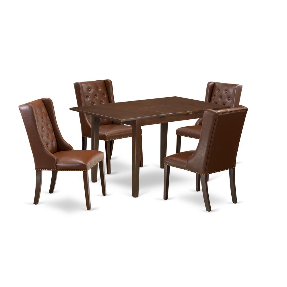 East West Furniture PSFO5-MAH-46 5-Piece Kitchen Dining Room Set Includes 1 Butterfly Leaf Dining Room Table and 4 Brown Linen Fabric Kitchen Chairs with Button Tufted Back - Mahogany Finish. Picture 1