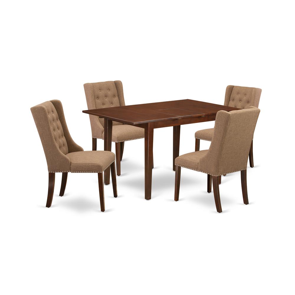 East West Furniture PSFO5-MAH-47 5-Pc Modern Dining Set Includes 1 Butterfly Leaf Dining Table and 4 Light Sable Linen Fabric Kitchen Chairs with Button Tufted Back - Mahogany Finish. Picture 1
