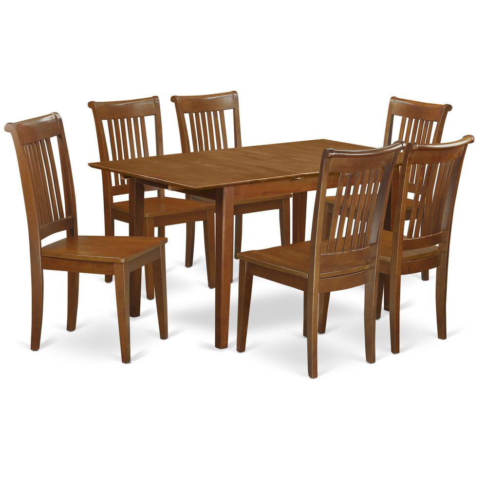 7  Pc  set  Rectangular  Kitchen  Table  having  12"  Leaf  and  6  Wood  Dinette  Chairs  in  Saddle  Brown. Picture 2