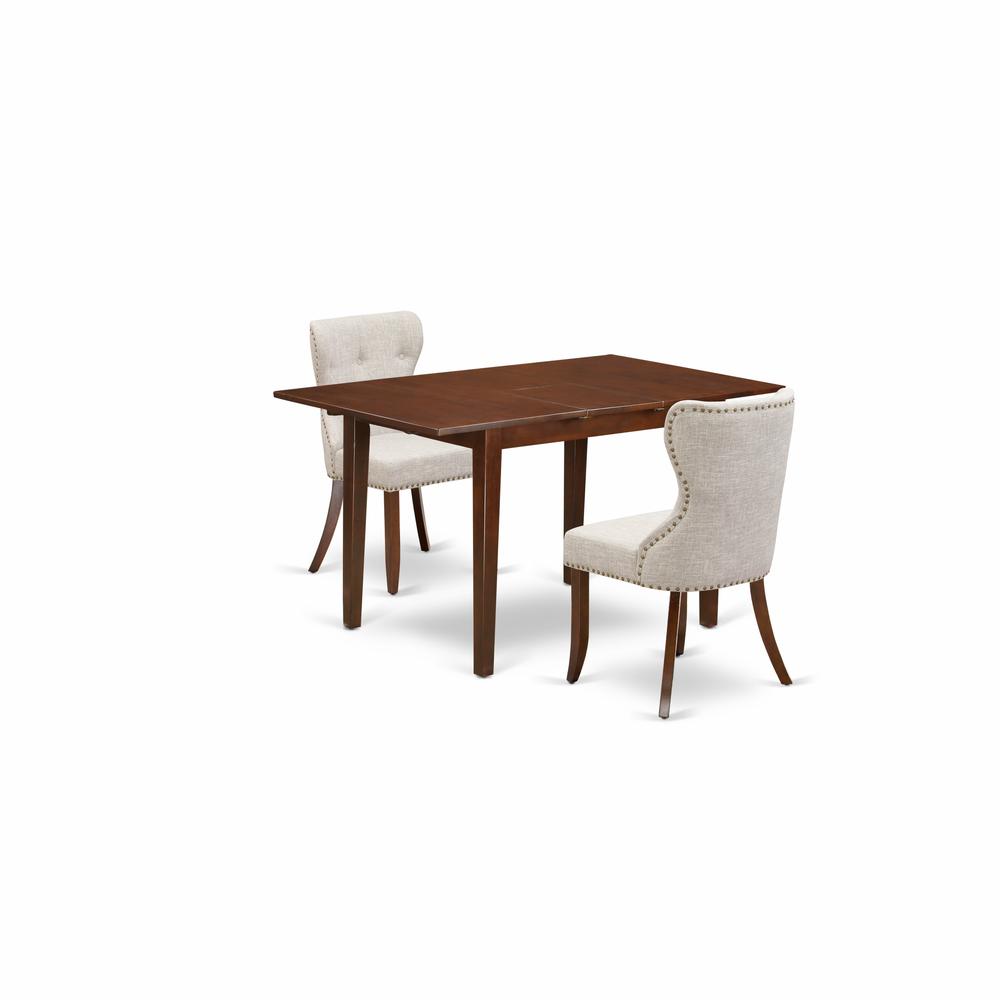 East-West Furniture PSSI3-MAH-35 - A dinette set of 2 fantastic parson chairs using Linen Fabric Doeskin color and an attractive 12" butterfly leaf rectangle kitchen table in Mahogany Finish. Picture 1