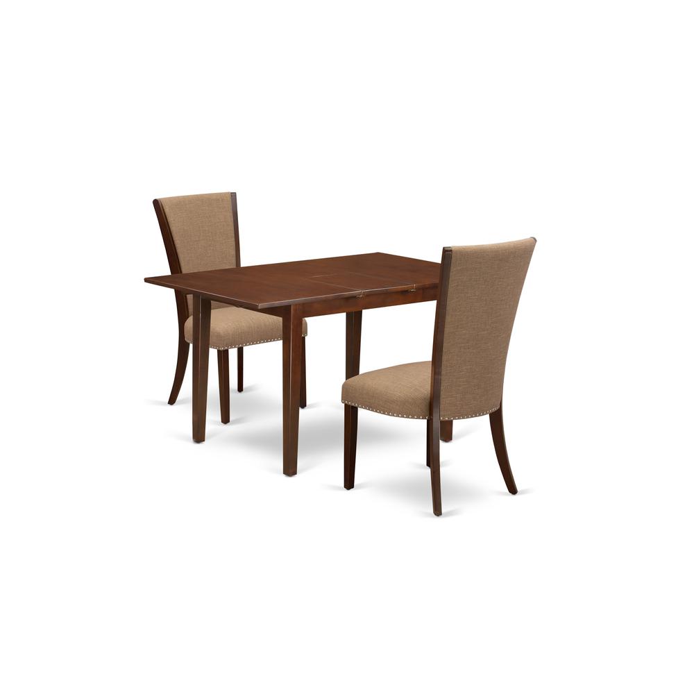 East-West Furniture PSVE3-MAH-47 - A dinette set of 2 great indoor dining chairs using Linen Fabric Light Sable color and a fantastic  12" butterfly leaf rectangle dining table in Mahogany Finish. Picture 1