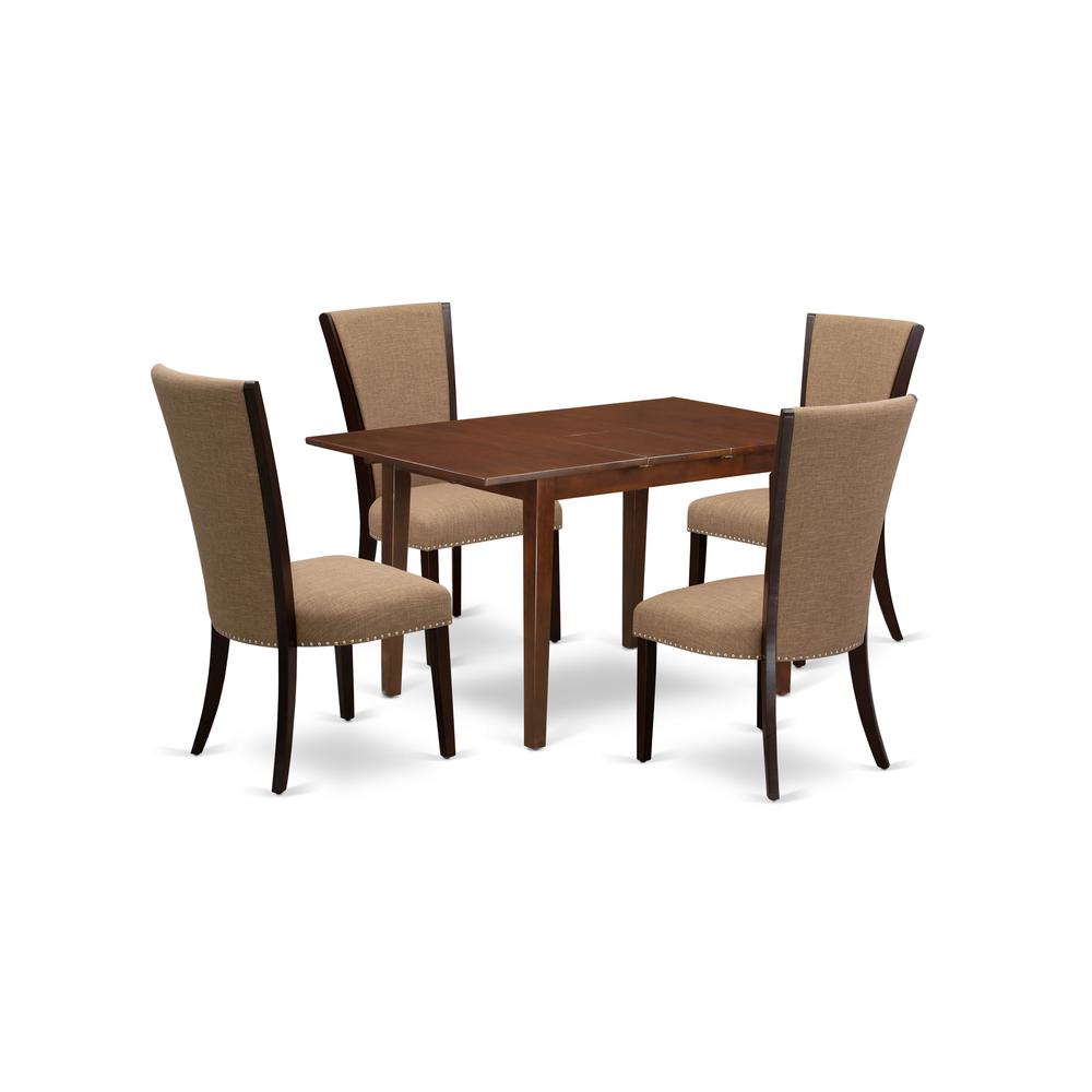 East-West Furniture PSVE5-MAH-47 - A wooden dining table set of 4 excellent kitchen chairs with Linen Fabric Light Sable color and a lovely dinner table in Mahogany Finish. Picture 1