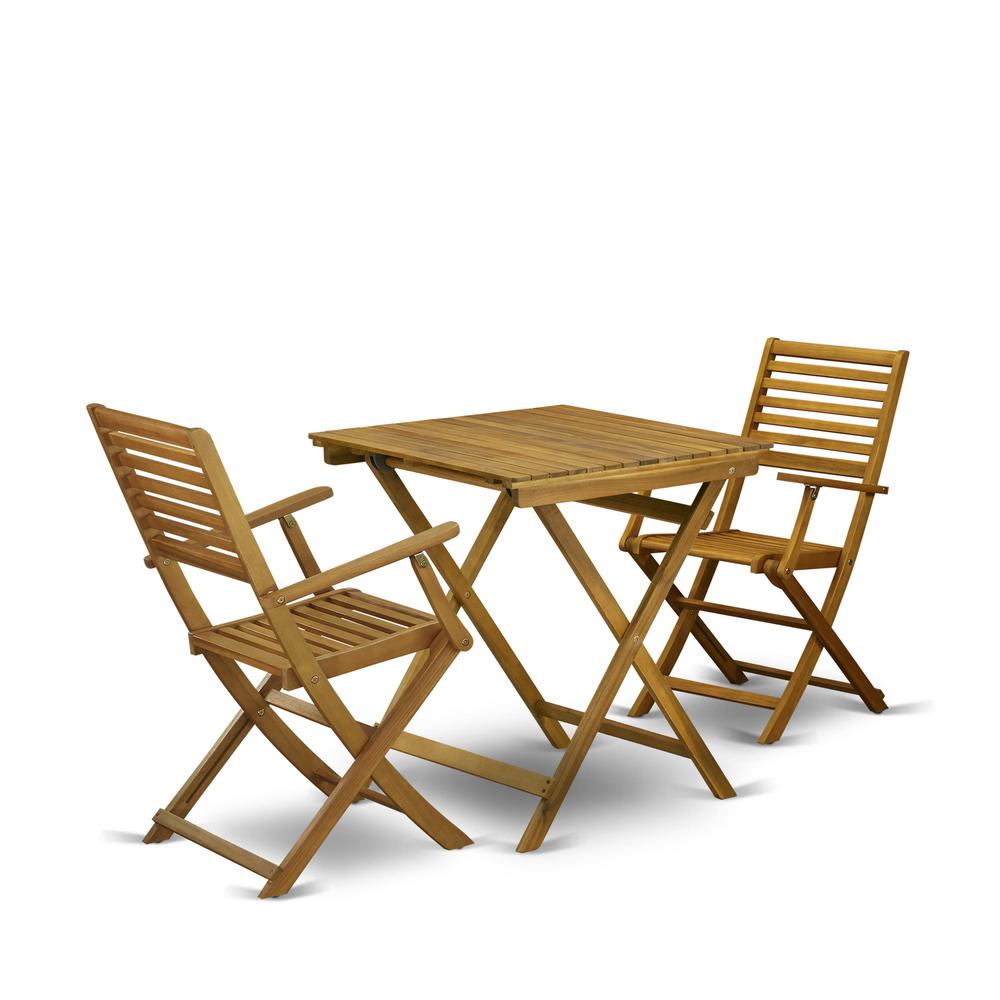 East West Furniture 3-Piece Outdoor Dining Set Contains a Folding Camping Table and 2 Outdoor Side Chairs Suitable for Garden, Terrace, Bistro, and Porch - Natural Oil Finish. Picture 2
