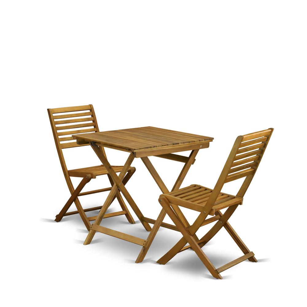 East West Furniture 3-Pc Outdoor Patio Set Consists of a Wooden Folding Table and 2 Folding Camping Chairs Ideal for Garden, Terrace, Bistro, and Porch - Natural Oil Finish. Picture 2