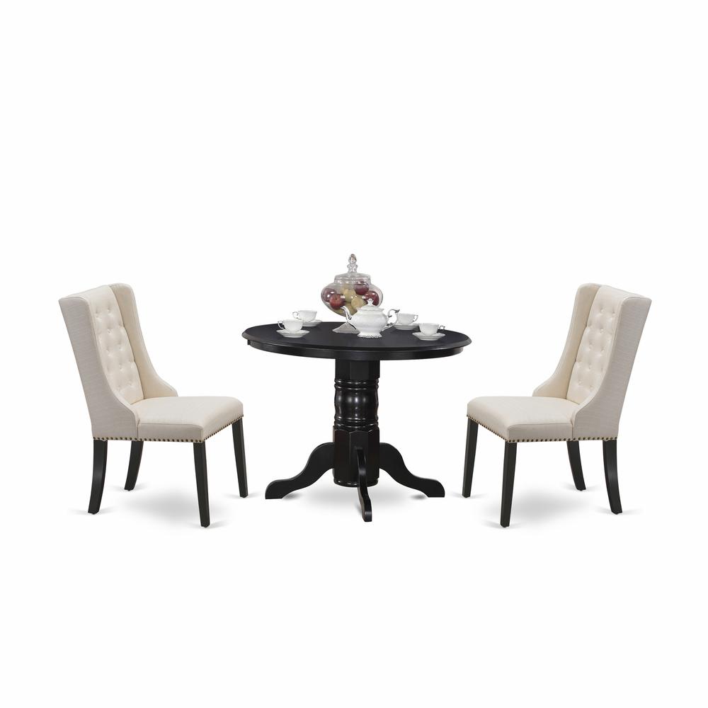 East West Furniture SHFO3-BLK-01 3-Pc Dinette Room Set Includes 1 Pedestal Dining Table and 2 Cream Linen Fabric Dining Padded Chairs with Button Tufted Back - Black Finish. Picture 1