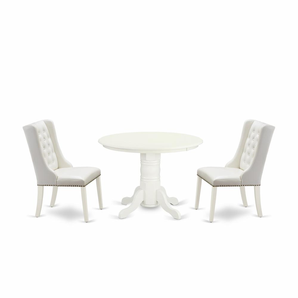 East West Furniture SHFO3-WHI-44 3-Pc Kitchen Room Table Set Includes 1 Pedestal Dining Table and 2 Light Grey Linen Fabric Mid Century Dining Chairs with Button Tufted Back - Linen White Finish. Picture 1