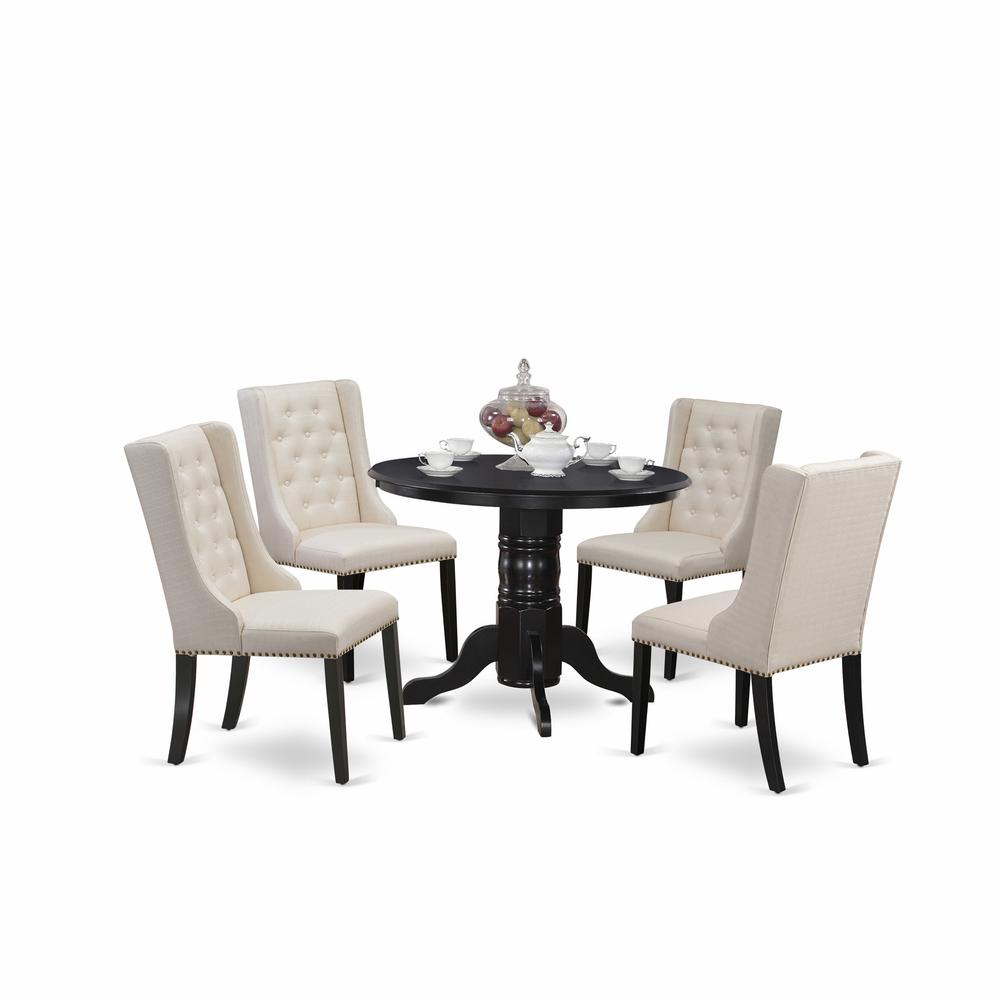 East West Furniture SHFO5-BLK-01 5-Piece Dinette Set Includes 1 Pedestal Dining Table and 4 Cream Linen Fabric Upholstered Dining Chairs with Button Tufted Back - Black Finish. Picture 1