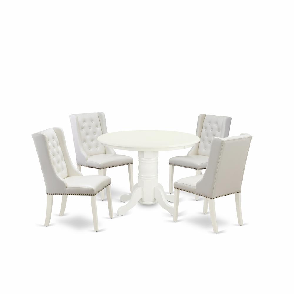 East West Furniture SHFO5-WHI-44 5-Piece Dinette Set Includes 1 Pedestal Wooden Dining Table and 4 Light Grey Linen Fabric Parsons dining room chairs with Button Tufted Back - Linen White Finish. Picture 1