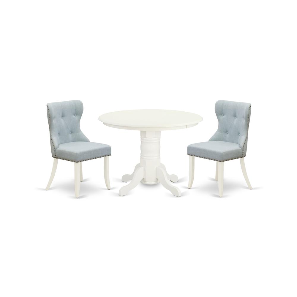 East-West Furniture SHSI3-WHI-15 - A dining room table set of 2 amazing kitchen chairs with Linen Fabric Baby Blue color and a gorgeous modern dining table with Linen White color. Picture 1