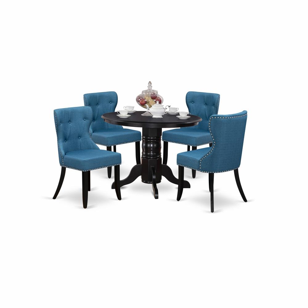 East-West Furniture SHSI5-BLK-21 - A wooden dining table set of 4 wonderful dining room chairs with Linen Fabric Mineral Blue color and a stunning 42-Inch Round wooden dining table using Black color. Picture 1