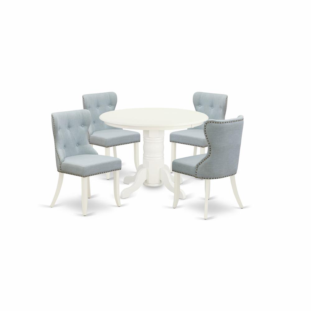 East-West Furniture SHSI5-WHI-15 - A dining room table set of 4 amazing parson chairs with Linen Fabric Baby Blue color and a gorgeous wood table with Linen White color. Picture 1