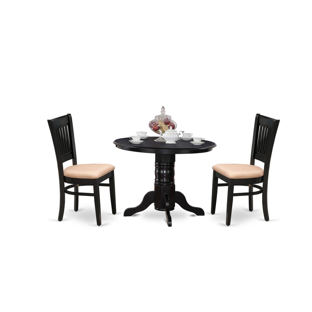 East West Furniture - SHVA3-BLK-C - 3-Pc Dining Room Table Set- 2 Dining Room Chair and Kitchen Table - Linen Fabric Seat and Slatted Chair Back - Black Finish. Picture 1