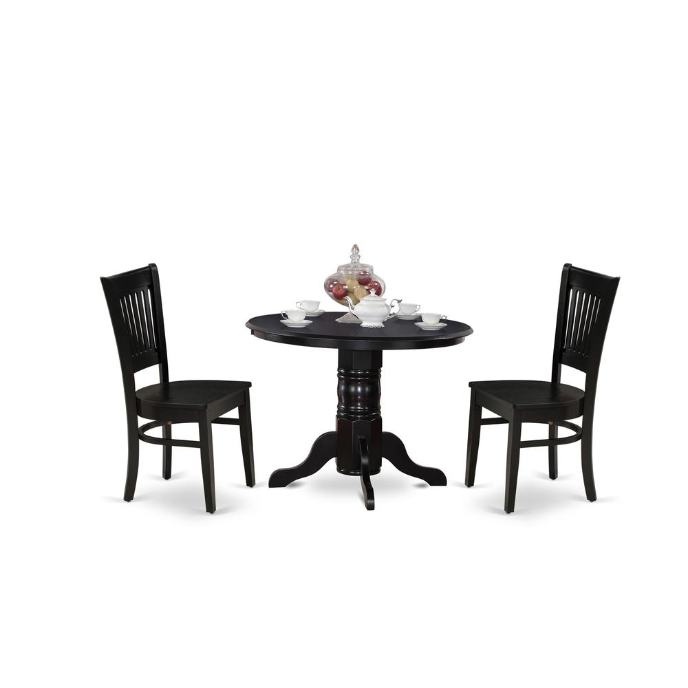 East West Furniture - SHVA3-BLK-W - 3-Piece Modern Dining Table Set- 2 Modern Chair and Kitchen Dining Table - Wooden Seat and Slatted Chair Back - Black Finish. Picture 1