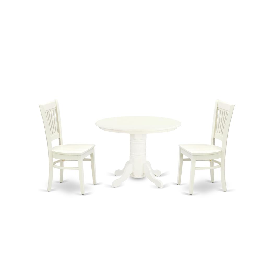 East West Furniture - SHVA3-LWH-W - 3-Pc Dining Room Set- 2 Wooden Dining Chairs and Round Dining Room Table - Wooden Seat and Slatted Chair Back - Linen White Finish. Picture 1