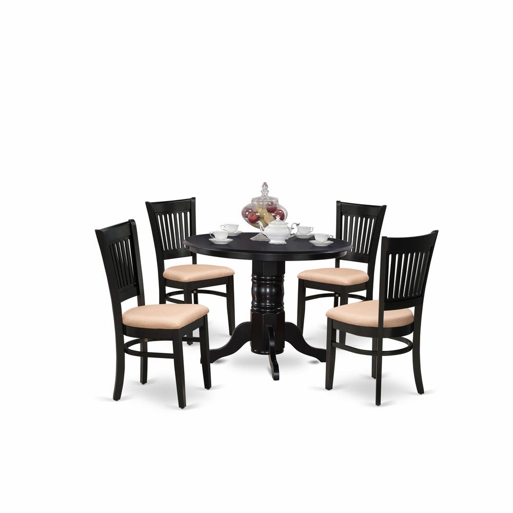 East West Furniture - SHVA5-BLK-C - 5-Pc Kitchen Dining Set- 4 Modern Dining Room Chair and Round Kitchen Table - Linen Fabric Seat and Slatted Chair Back - Black Finish. Picture 1