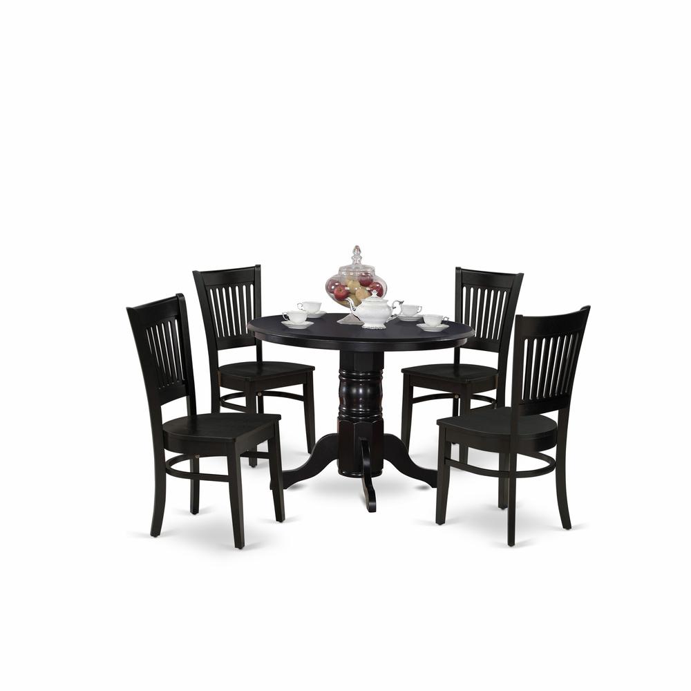 East West Furniture - SHVA5-BLK-W - 5-Pc Dining Room Set- 4 Dining Room Chair and Dinner Table - Linen Fabric Seat and Slatted Chair Back - Black Finish. Picture 1