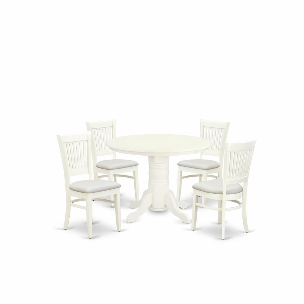 East West Furniture - SHVA5-LWH-C - 5-Piece Dining Room Table Set- 4 Dining Room Chairs and Modern Dining Room Table - Linen Fabric Seat and Slatted Chair Back - Linen White Finish. Picture 1
