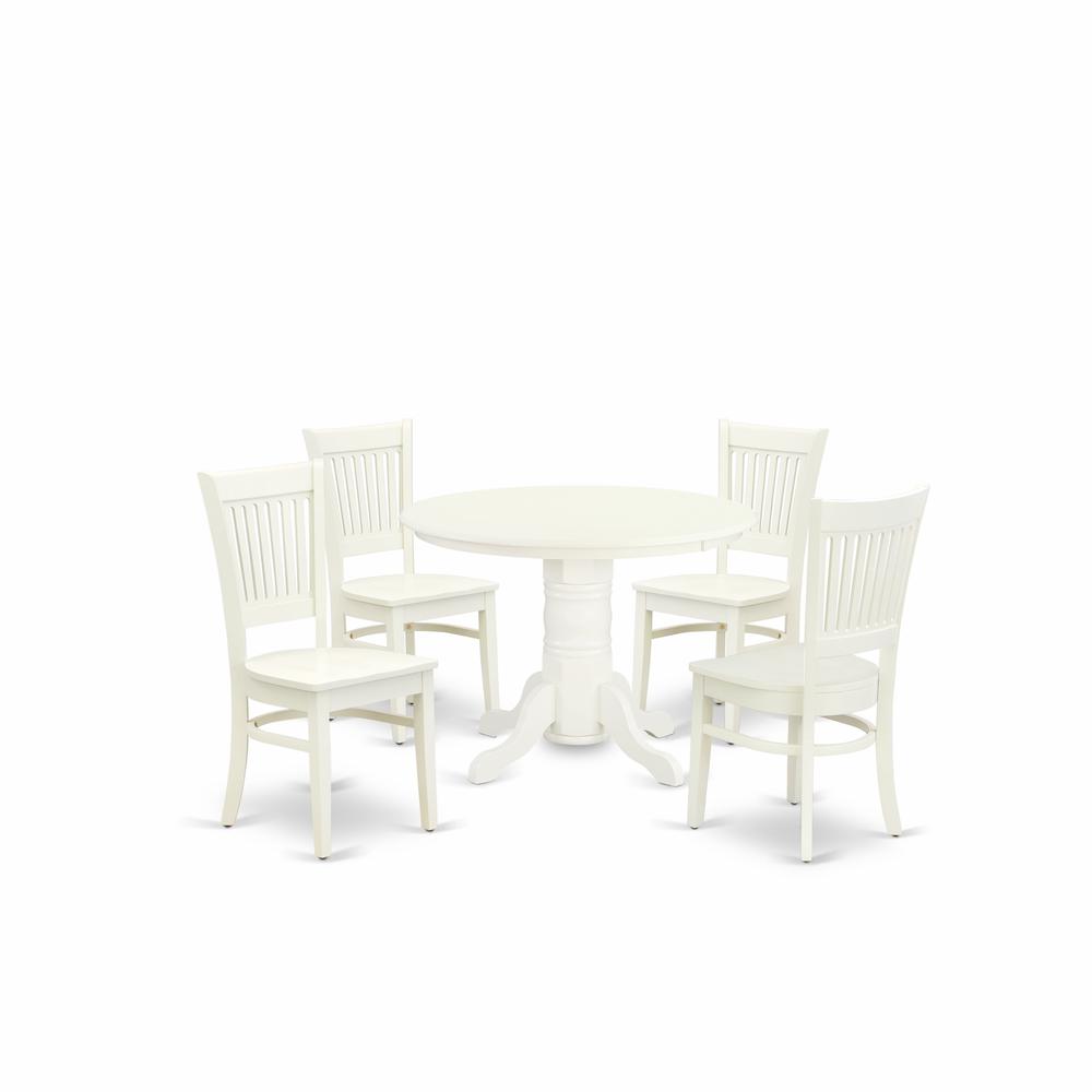 East West Furniture - DLVA5-LWH-W - 5-Pc dining room table Set- 4 Dining Chairs and Dining Room Table - Wooden Seat and Slatted Chair Back - Linen White Finish. Picture 1