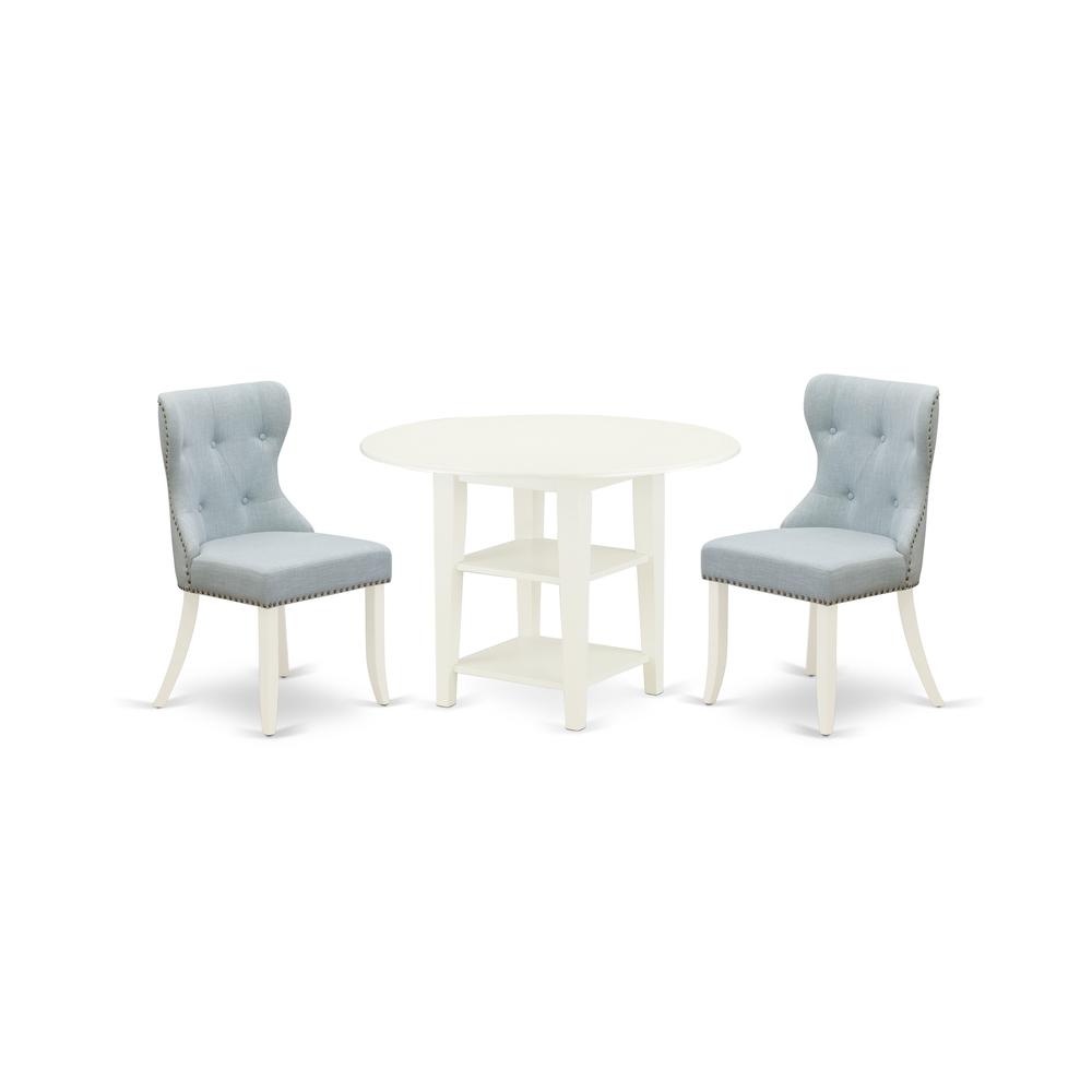 East-West Furniture SUSI3-LWH-15 - A dining room table set of 2 excellent dining chairs with Linen Fabric Baby Blue color and a lovely dining table with Linen White color. Picture 1
