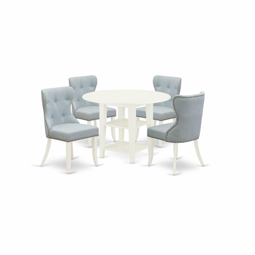 East-West Furniture SUSI5-LWH-15 - A dinette set of 4 wonderful parson dining chairs with Linen Fabric Baby Blue color and a stunning wood kitchen table with Linen White color. Picture 1