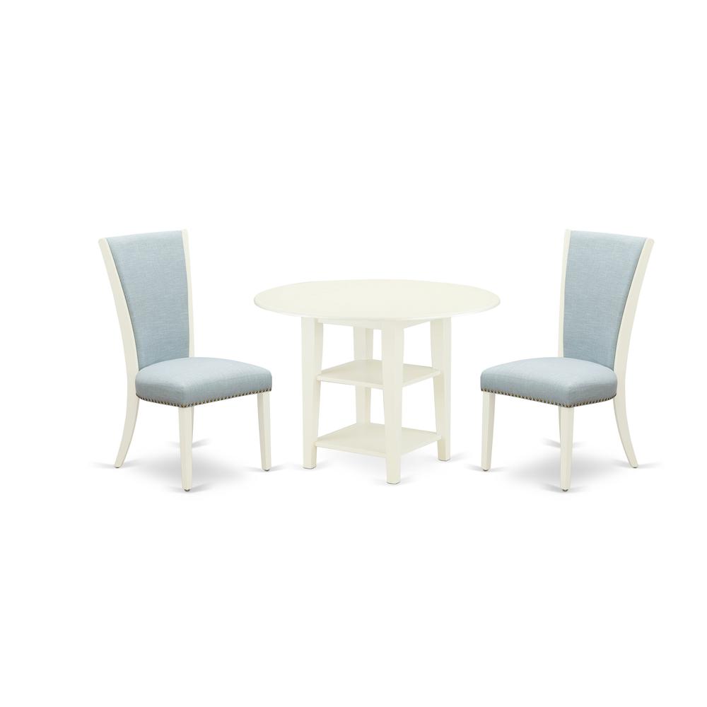 East-West Furniture SUVE3-LWH-15 - A kitchen dining table set of 2 great kitchen dining chairs with Linen Fabric Baby Blue color and an attractive drop leaf and two shelves round kitchen table with Li. Picture 1