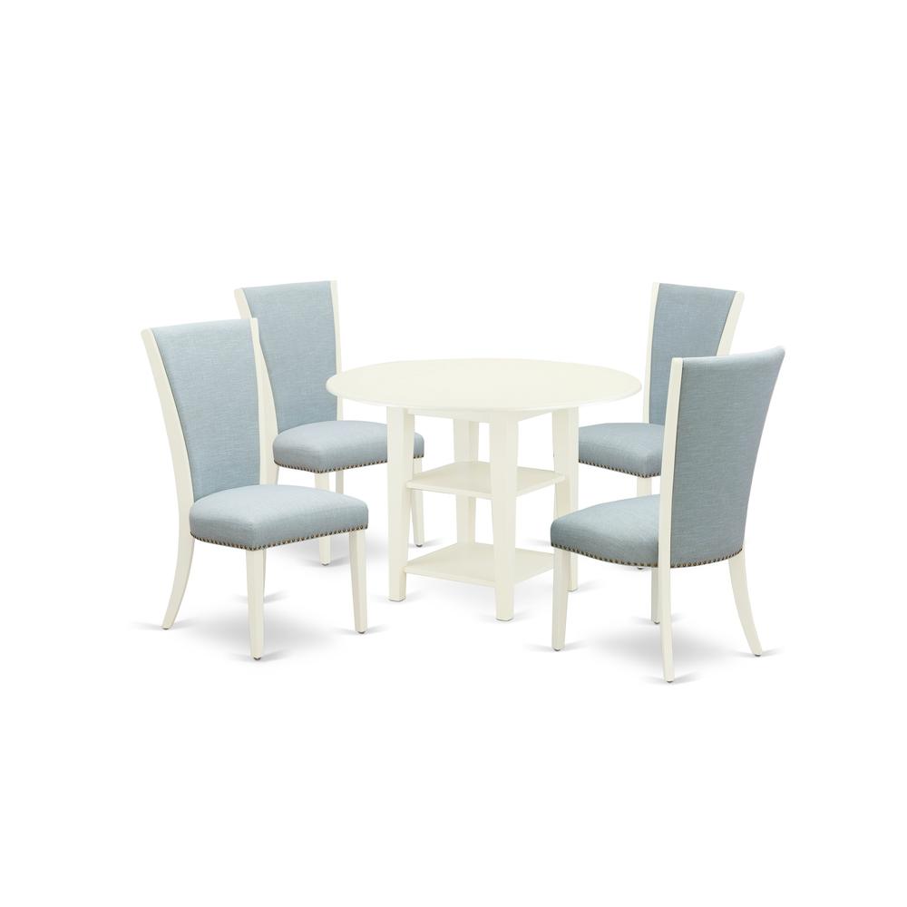 East-West Furniture SUVE5-LWH-15 - A dining set of 4 great kitchen chairs with Linen Fabric Baby Blue color and a stunning  drop leaf antique wooden dining table with Linen White color. Picture 1