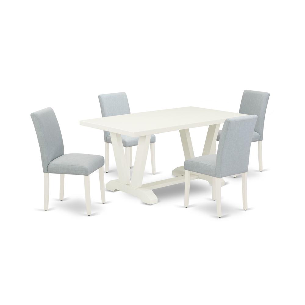 East West Furniture 5-Piece Dining Set Includes 4 Dining Room Chairs with Upholstered Seat and High Back and a Rectangular Dining Table - Linen White Finish. Picture 1