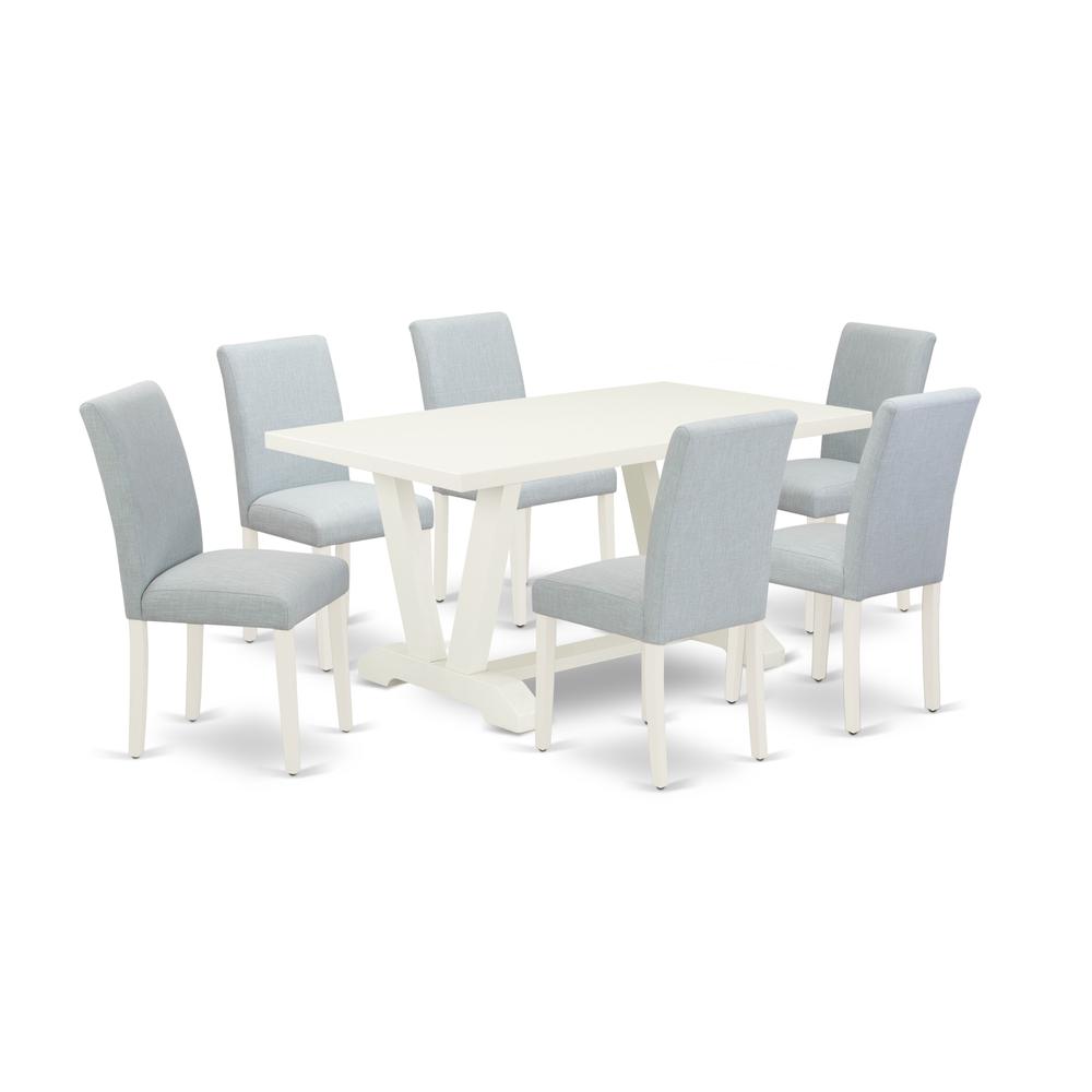 East West Furniture 7-Piece Dinette Set Includes 6 Modern Chairs with Upholstered Seat and High Back and a Rectangular Wooden Dining Table - Linen White Finish. Picture 1