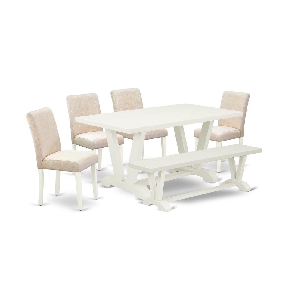 East West Furniture V026AB202-6 6-Pc Kitchen Dining Room Set - 4 Dining Chairs, a Modern Bench Linen White Top and 1 Linen White Dining Table Top with High Chair Back - Linen White Finish. Picture 1