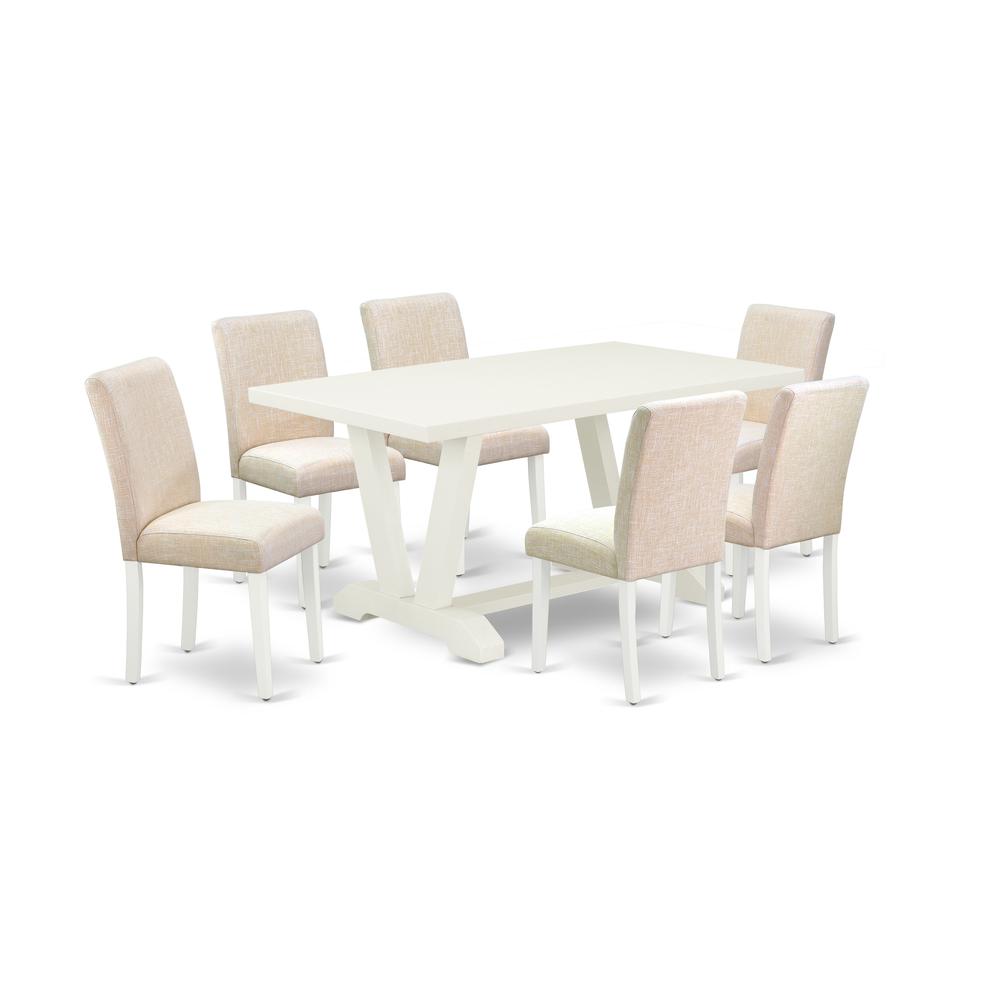East West Furniture V026AB202-7 7-Pc Dining Room Table Set - 6 Parson Chairs and 1 Modern Rectangular Linen White Wooden Dining Table with High Chair Back - Linen White Finish. Picture 1