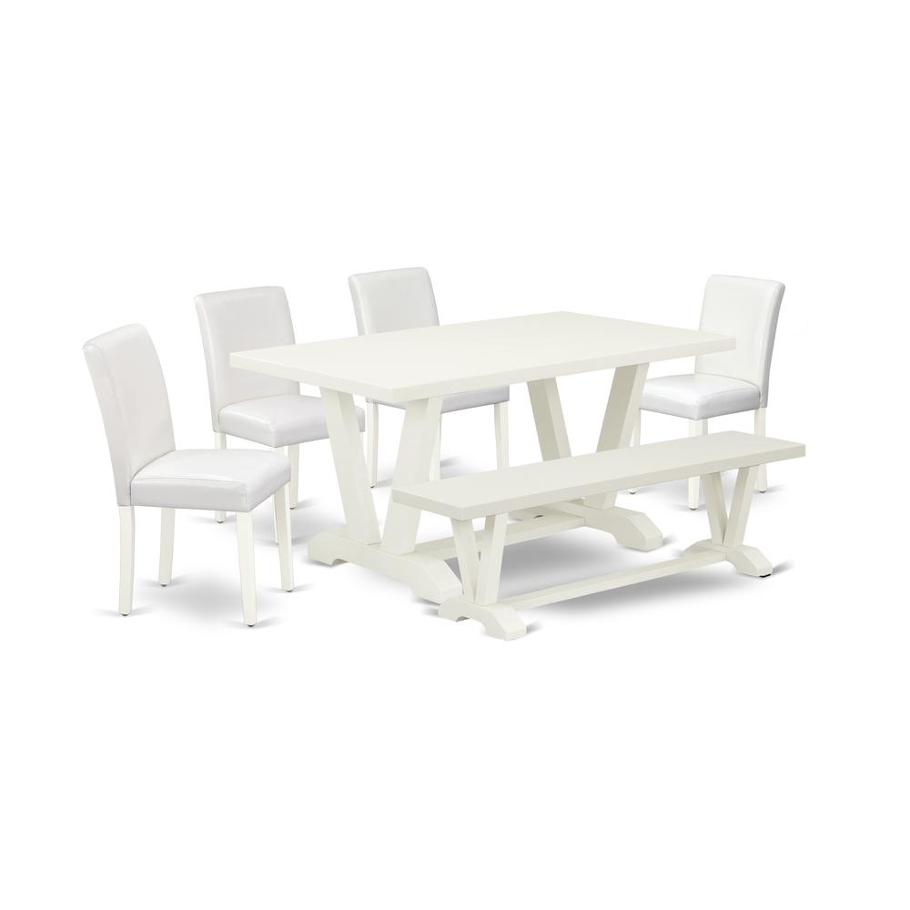 East West Furniture V026AB264-6 6-Piece Beautiful Dinette Set a Great Linen White Modern Dining Table Top - Linen White Dining Bench - 4 Excellent Pu Leather Dining Room Chairs with Stylish Chair Back. Picture 1
