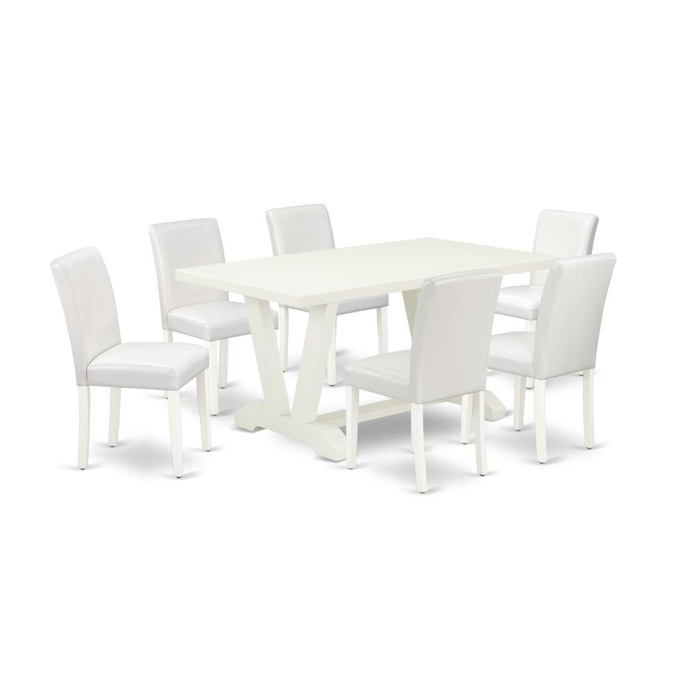 East West Furniture V026AB264-7 7-Piece Fashionable Kitchen Table Set a Superb Linen White Dining Room Table Top and 6 Excellent Pu Leather Padded Chairs with Stylish Chair Back, Linen White Finish. Picture 1