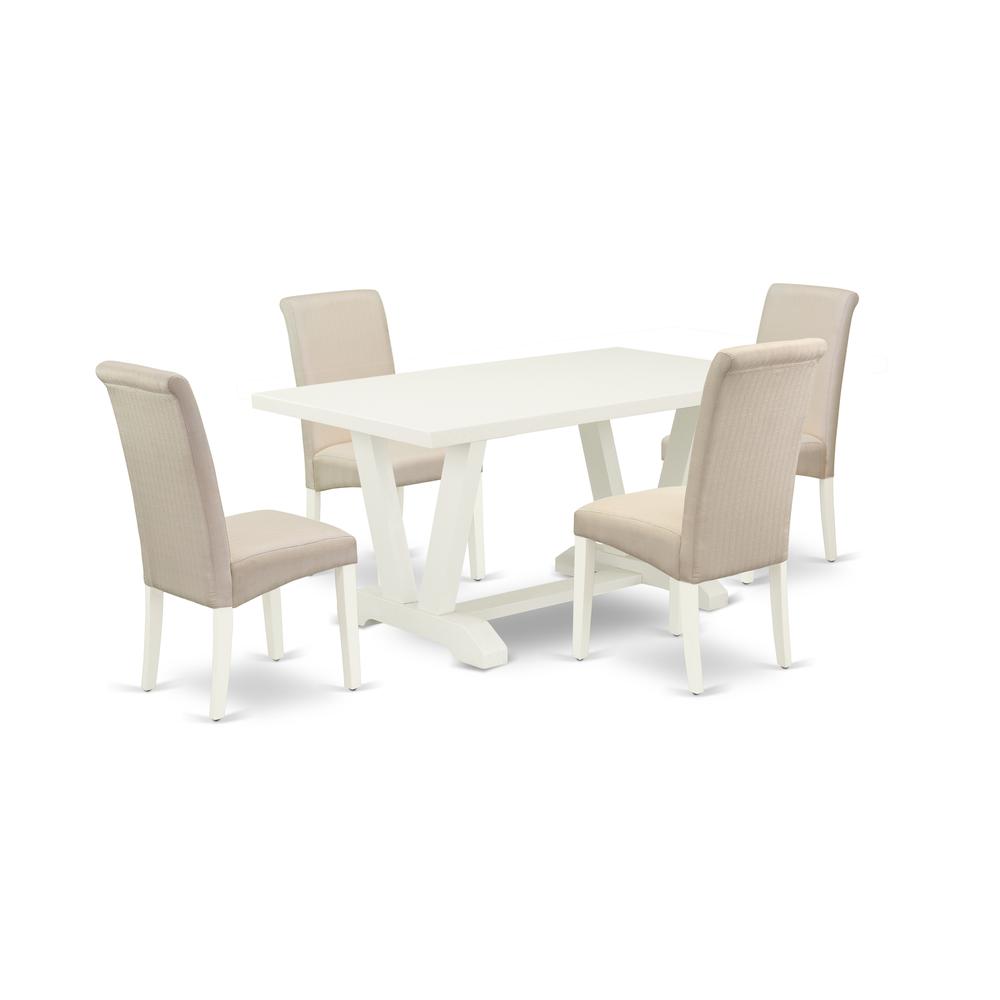 East West Furniture 5-Piece rectangular Dinette Set Included 4 Parson Chairs Upholstered Seat and High Curved Back and Rectangular Dining Room Table with Linen White Kitchen Table Top - Linen White Fi. Picture 1