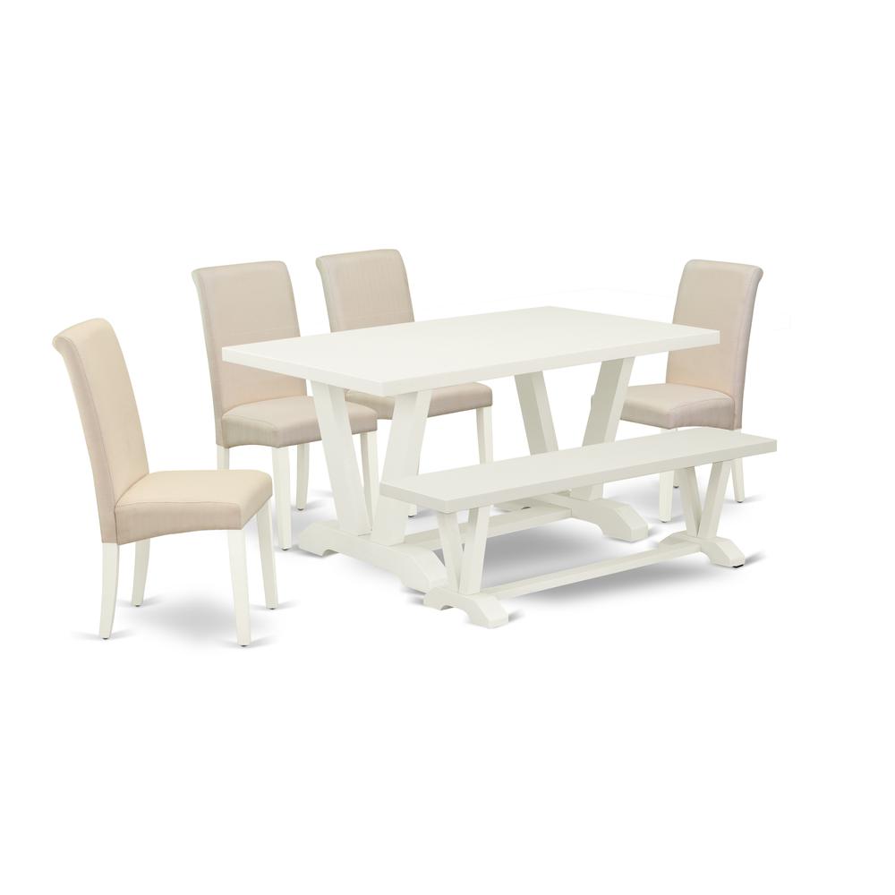 East West Furniture 6-Piece Dinette Table Set-Luxurious cream linen fabric Seat and High Stylish Chair Back Parson chairs, a Rectangular Bench and Rectangular Top dining table with Wood Legs - Linen W. Picture 1